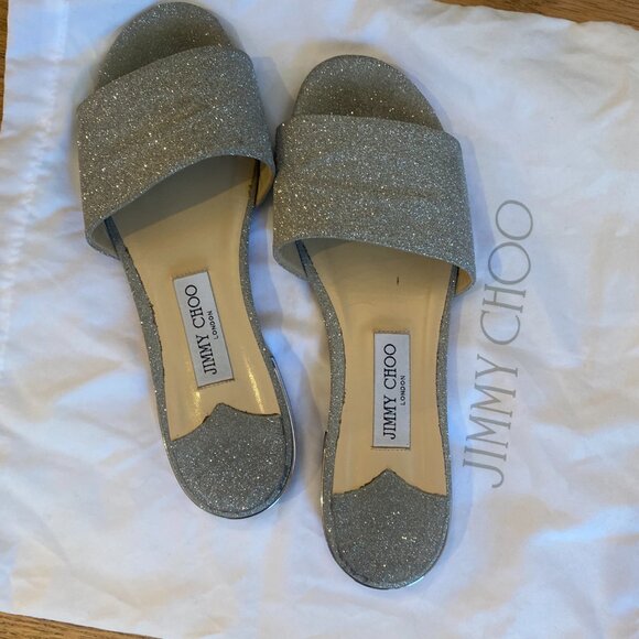 Jimmy Choo Joni Flat Slide Sandals Silver Glitter Size 40 - Picture 2 of 5